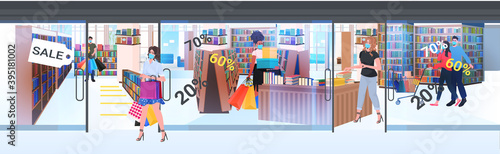 mix race people in masks buying books in store black friday big sale promotion discount concept book shop interior full length horizontal vector illustration