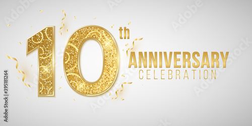 10 Years Anniversary cover crafted from elegant golden numbers on a white background with falling confetti and tinsel. Greeting card for birthday or wedding. Vector illustration