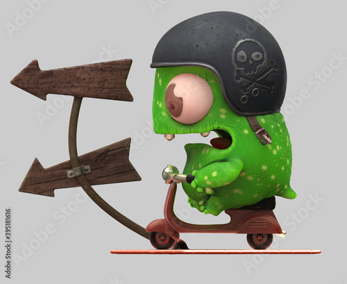 The picture shows a cute but mischievous green monster on a red scooter. The monster has one big eye, a skull and bones helmet, and looks a little surprised. He approaches a w