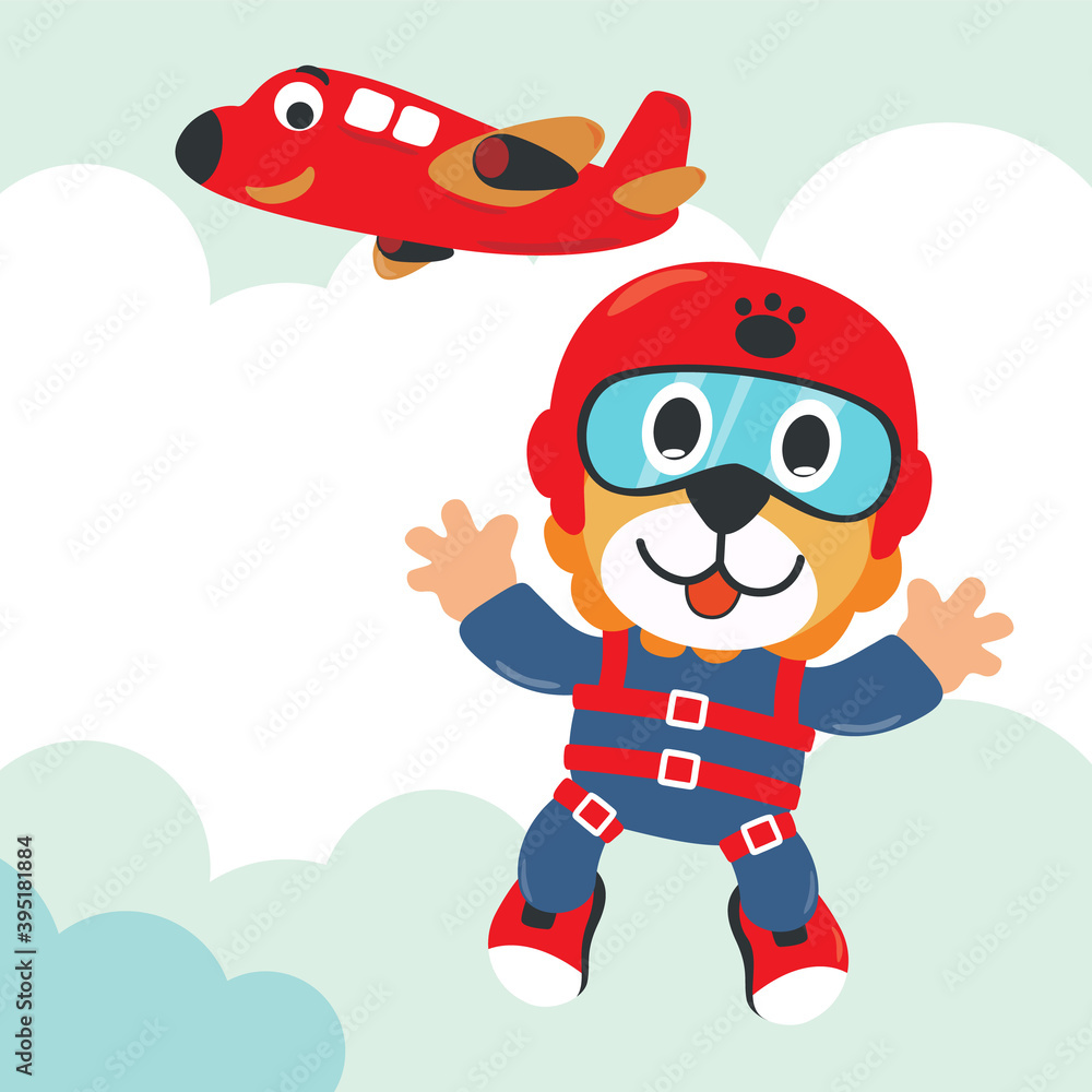 Vector illustration of a cute lion skydiving and airplane. with cartoon style. Creative vector childish background for fabric textile, nursery wallpaper, poster, card, brochure. vector illustration