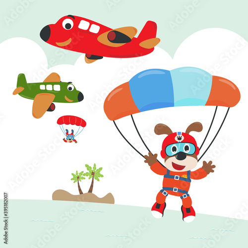 Vector illustration of a cute dog flying with a parachute. with cartoon style. Creative vector childish background for fabric textile, nursery wallpaper, poster, card, brochure. vector illustration