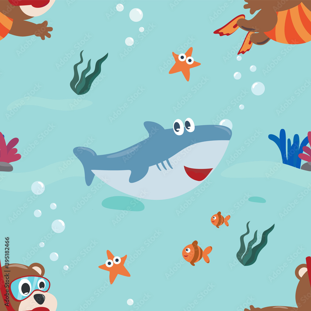 Seamless texture with little bear and shark are swim in underwater. For fabric textile, nursery, baby clothes, background, textile, wrapping paper and other decoration. Seamless texture with little bear and shark are swim in underwater. For fabric textile, nursery, baby clothes, background, textile, wrapping paper and other decoration.