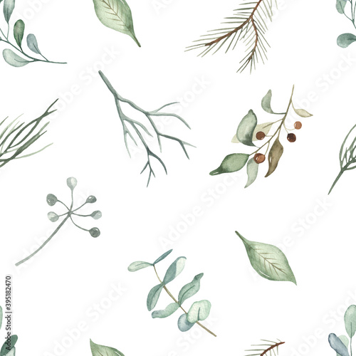 Christmas plants, leaves, berries, branches, foliage, spruce branches in green watercolor seamless winter pattern © MarinaErmakova