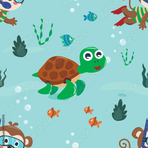 Seamless texture with little turtle and monkey are swim in  underwater. For fabric textile, nursery, baby clothes, background, textile, wrapping paper and other decoration. © Hijaznahwani