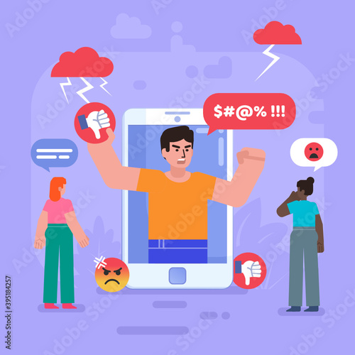 Bullying, trolling online in internet. People quarreling in phone chat. Modern vector illustration