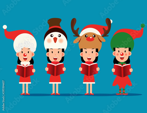Merry christmas. Character costume with christmas carol and choir