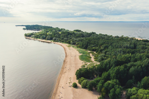 Aerial summer view of West Kotlin state nature reserve, ecological path trail with bird watching tower, Kotlin island, Kronstadt, Saint-Peterburg, Russia
