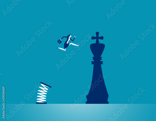 A person jumping to chess piece king. Strategy business © zenzen