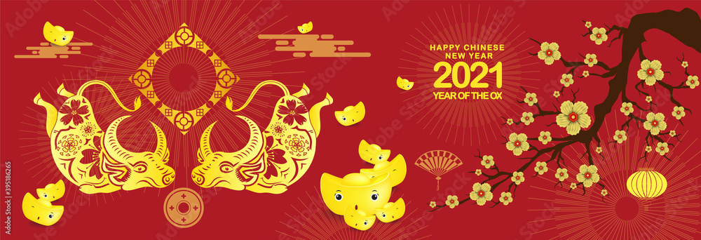 Naklejka premium Happy chinese new year 2021 Ox Zodiac sign. Gold ingots background horizontal banner for Chinese New Year 2021 of the Ox