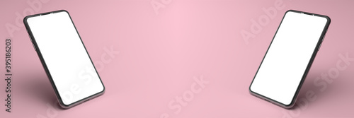 3D rendering. The Smartphone white screen on pink floor, Mobile phone mockup tilted to the ground. Smartphone white screen can be used for commercial advertising, Isolated on pink background.