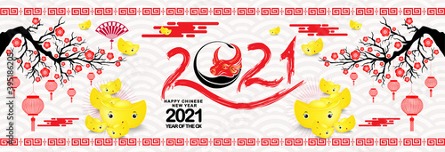 Happy chinese new year 2021 Ox Zodiac sign. Gold ingots background horizontal banner for Chinese New Year 2021 of the Ox