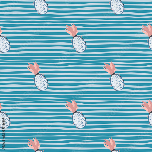 Little pitahaya shapes seamless pattern. Hand drawn fruits on blue striped background.