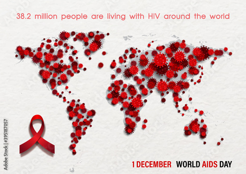 HIV virus in paper cut style and world map shape with information wording, red ribbon and the day, name of event on white paper pattern background. World AIDS Day campaign poster in vector design.