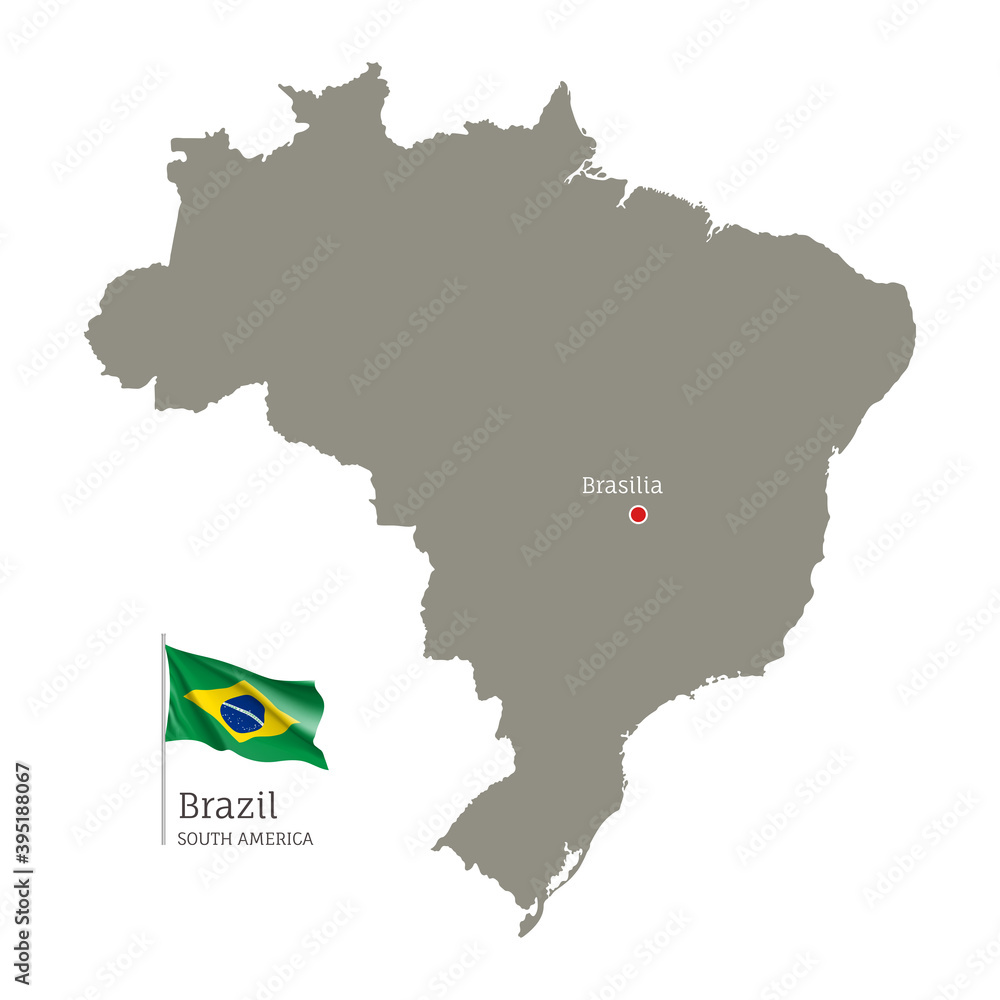 Silhouette of Brazil country map. Gray editable map with waving national flag and Brasilia city capital, South America country territory borders vector illustration on white background
