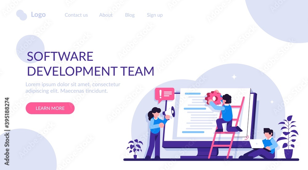 Software development team concept. People configure the application. Back end development. Software development process. Back-end concept. Modern flat illustration.