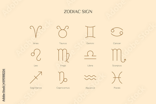 A set of 12 Zodiac signs Icons in a Minimal Linear Style. Vector collection of Horoscope Symbols - Aries, Taurus, Gemini, Cancer, Leo, Virgo, Libra, Scorpio, Sagittarius, Capricorn, Aquarius, Pisces