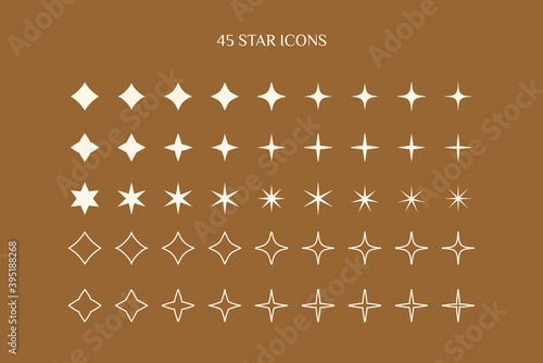 A set of Star icons in a minimalistic simple and linear style. Vector Sparkle Sign, Twinkle, Shiny, Glowing light effect.