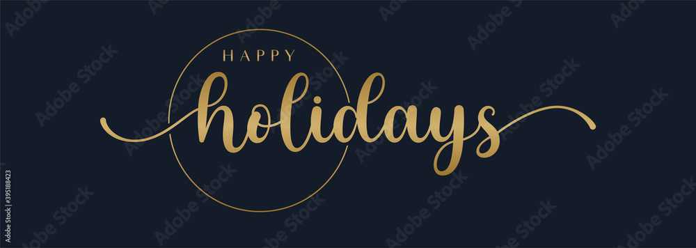 Happy Holidays Handwriting Lettering Calligraphy with Gold Text Color, isolated on black background. Greeting Card Vector Illustration Template. Happy Holidays Handwriting Lettering Calligraphy with Gold Text Color, isolated on black background. Greeting Card Vector Illustration Template.