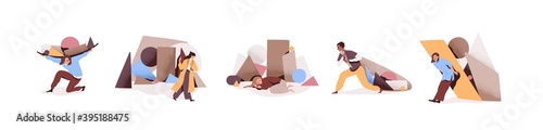 Set of sad and tired people overloaded with problems or tasks. Collection of male and female characters coping with difficulties by carrying burden or ignoring troubles. Flat vector illustration photo