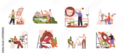 Artists or creative people at working process. Plein air, creating murals, computer graphics, collage, sculptures, abstract painting and still life drawing. Fine art hobbies. Flat vector illustration