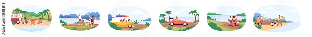 Fototapeta premium Bundle of people traveling by car. Collection of families, friends and romantic couples resting by sea in summer. Men and women relaxing by seaside. Flat vector illustration on white background
