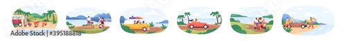 Bundle of people traveling by car. Collection of families, friends and romantic couples resting by sea in summer. Men and women relaxing by seaside. Flat vector illustration on white background
