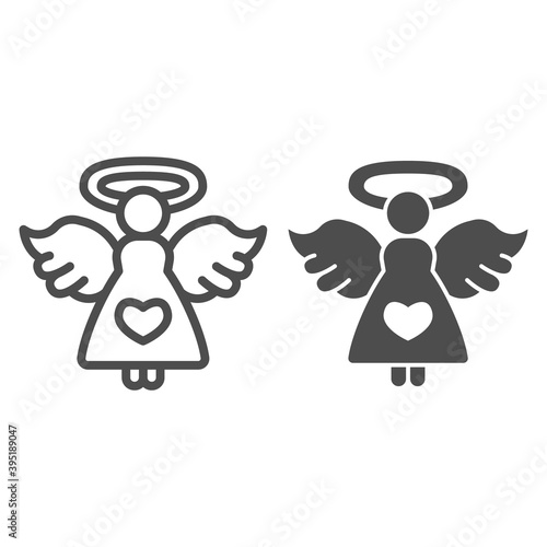 Angel with heart line and solid icon, valentine day concept, Angel of love sign on white background, girl with wings and nimbus icon in outline style for mobile concept,web design. Vector graphics.
