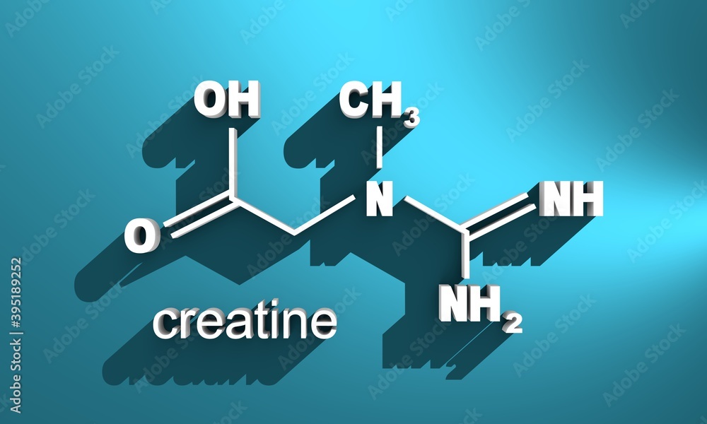 Structural chemical formula of creatine. 3D rendering