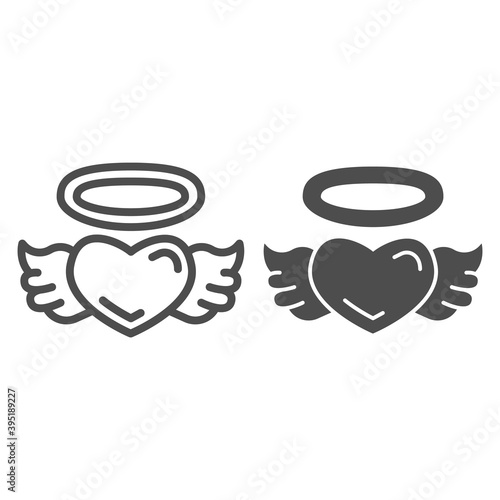 Angel heart line and solid icon, valentine day concept, Heart with wings and nimbus sign on white background, halo and wing on heart icon in outline style for mobile concept. Vector graphics.