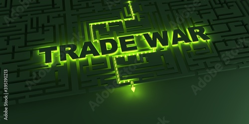 Business concept. Neon shine pathway. Labyrinth of trade war. 3D rendering