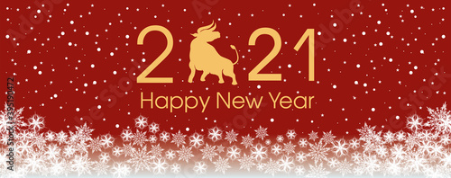 2021 Happy New Year card template. Design patern snowflakes white, ox.