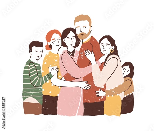 Reunion concept. Big family embracing and supporting each other. Parents with children have happy healthy relationships. Flat textured vector illustration isolated on white background