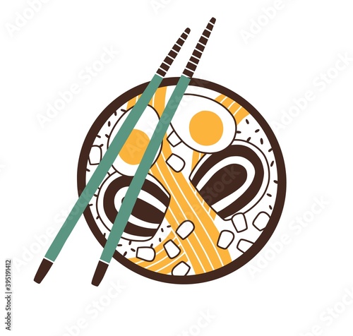 Top view of ramen bowl with chopsticks. Traditional asian noodle soup isolate...