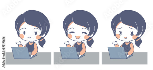 ノートパソコンを使う女性のイラストセット・ベクター