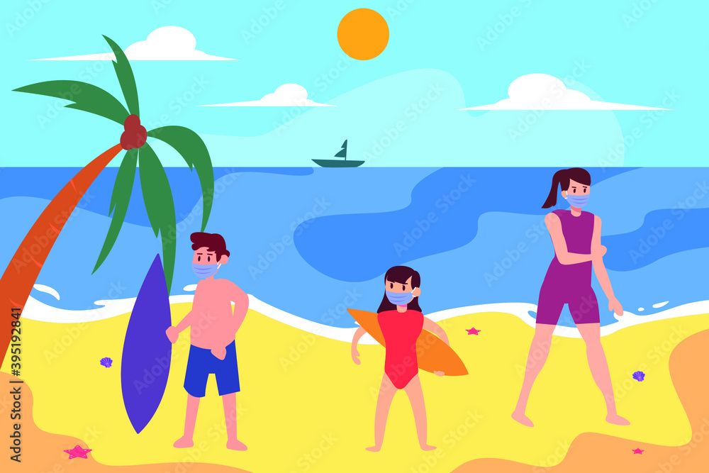 New normal vector concept: Young mother and children enjoying holiday in the beach while wearing face mask