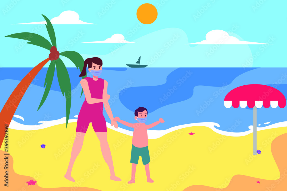 New normal vector concept: Young mother and her son enjoying holiday in the beach while wearing face mask