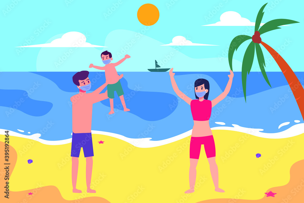 New normal vector concept: Young parents and son enjoying holiday in the beach while wearing face mask