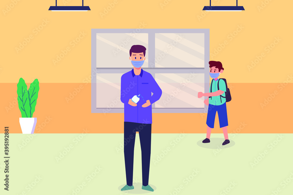 New normal vector concept: Young teacher using hand sanitizer at school while doing social distancing 