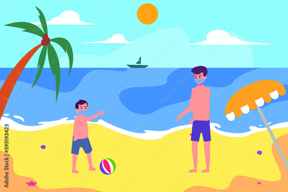 New normal vector concept: Cute boy and father playing ball in the beach while wearing face mask
