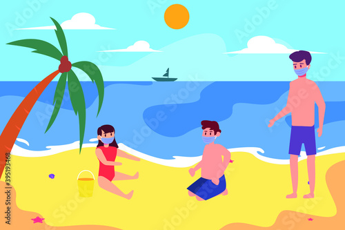 New normal vector concept  Cute children and young father playing sand in the beach while wearing face mask