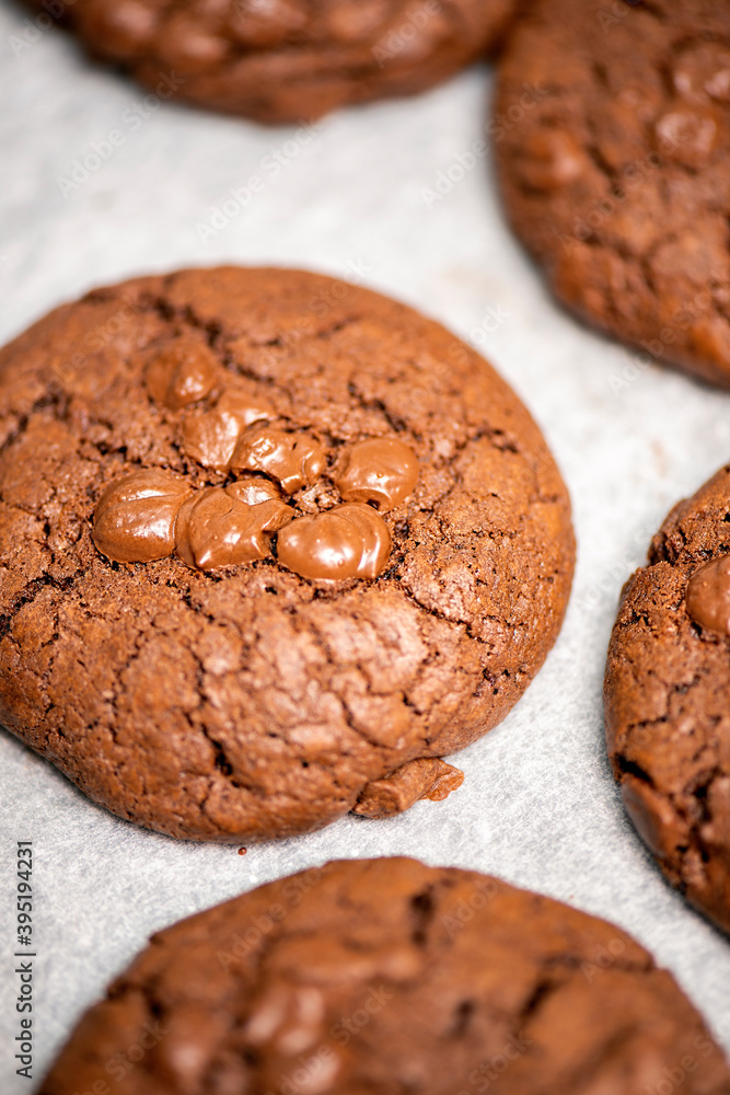 Fototapeta premium Classic chocolate chip cookies freshly baked, food background.