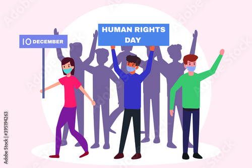 Human Right Day vector concept: Group of people in face mask doing protest for Human Right Day solidarity