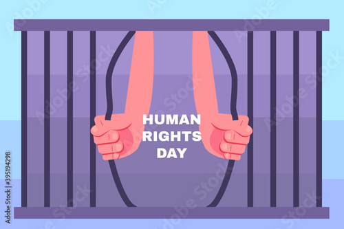 Human Right Day vector concept: Prisoner hands open the jail bar with Human Right Day text