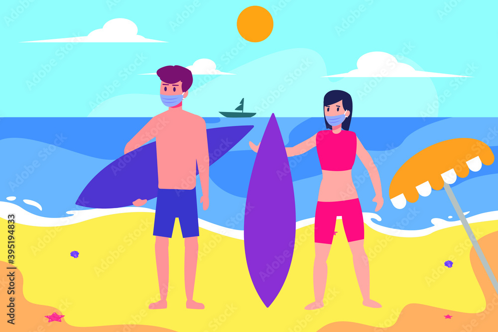 New normal vector concept: Young couple enjoying holiday in the beach together while wearing face mask