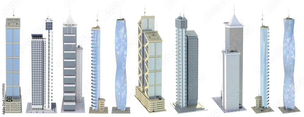 Set of high detailed corporate tall buildings with fictional design and cloudy sky reflection - isolated, various sides view 3d illustration of skyscrapers