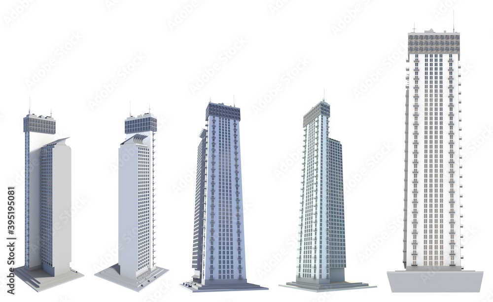 Set of 5 renders of fictional design financial buildings block of flat towers with sky reflection - isolated on white, different sides view 3d illustration of architecture