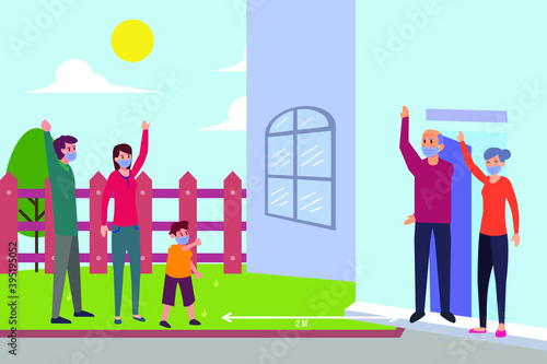 Social distancing vector concept: Young family visit grandparents house while wearing face mask and keep social distancing