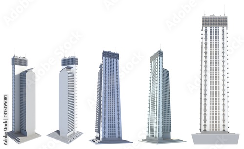 Set of 5 renders of fictional design financial buildings block of flat towers with sky reflection - isolated on white  different sides view 3d illustration of architecture