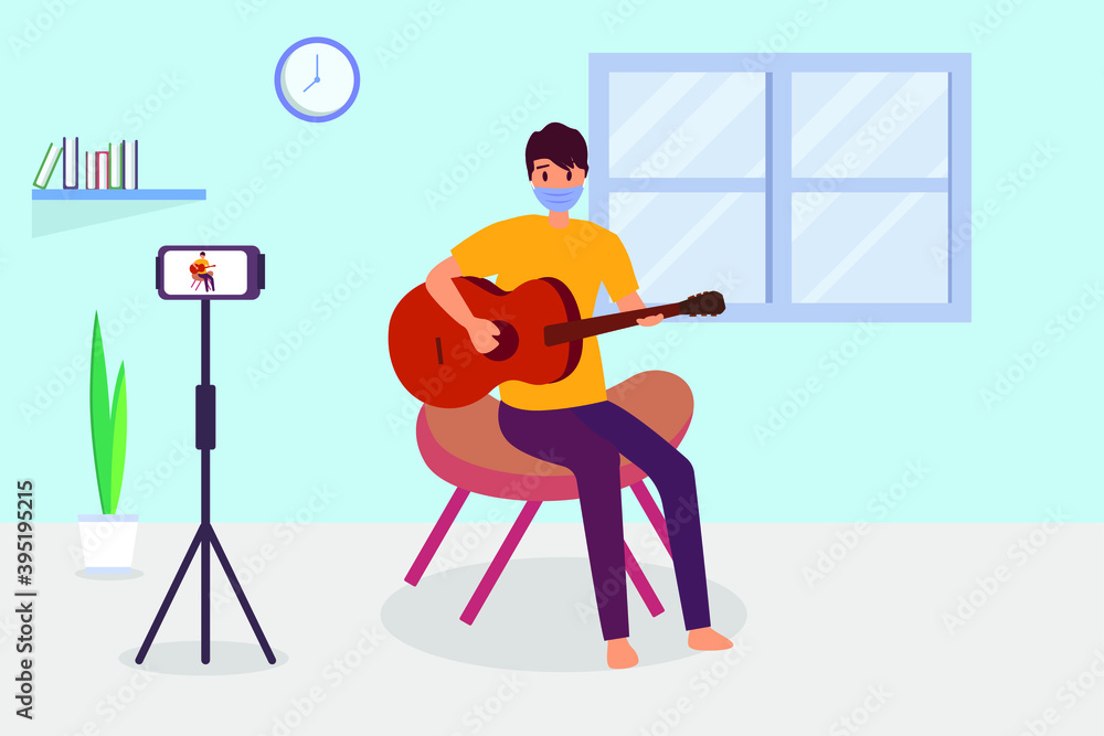 Social distancing vector concept: Young man playing guitar at home with face mask while looking at smartphone camera