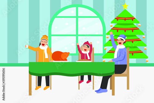 Christmas vector concept: Happy family taking selfie picture together while celebrating christmas day in dining room at home